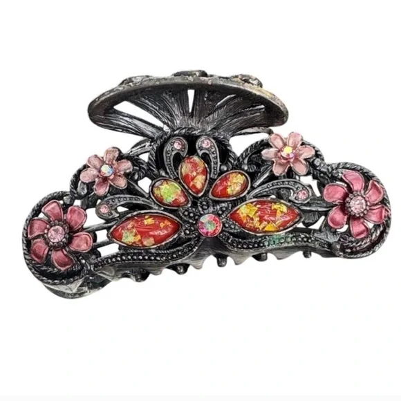 Floral Metal Hair Clip with Pink Accents - Picture 1 of 3